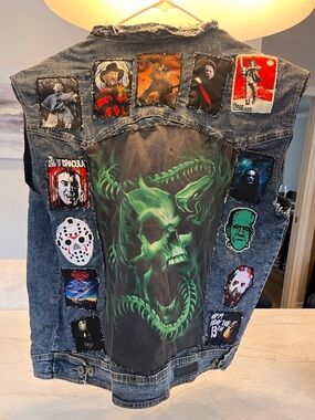 Sleeveless Washed Blue Denim Vest with Patch Details